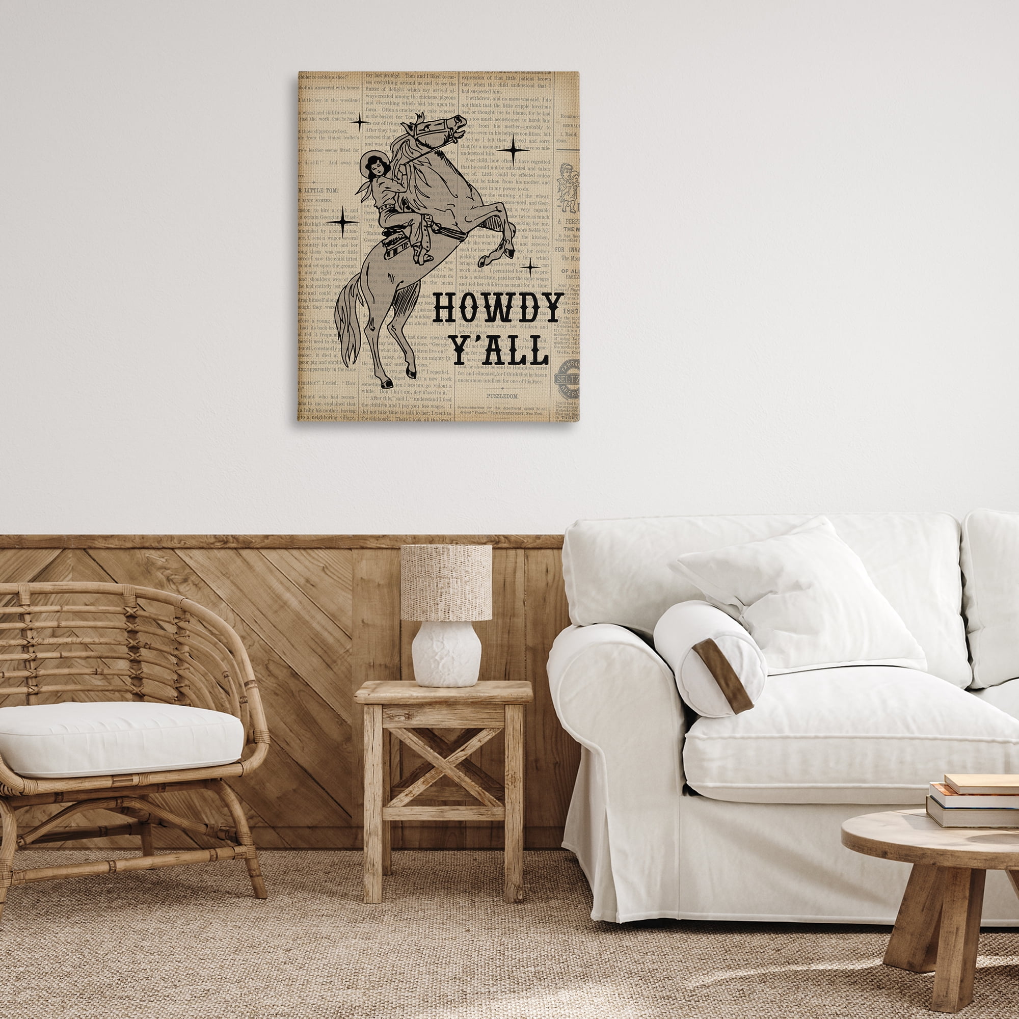 Stupell Industries Howdy Y'all Vintage Newspaper Animals Painting Wrapped Canvas Art Print Wall Art, 30 x 40