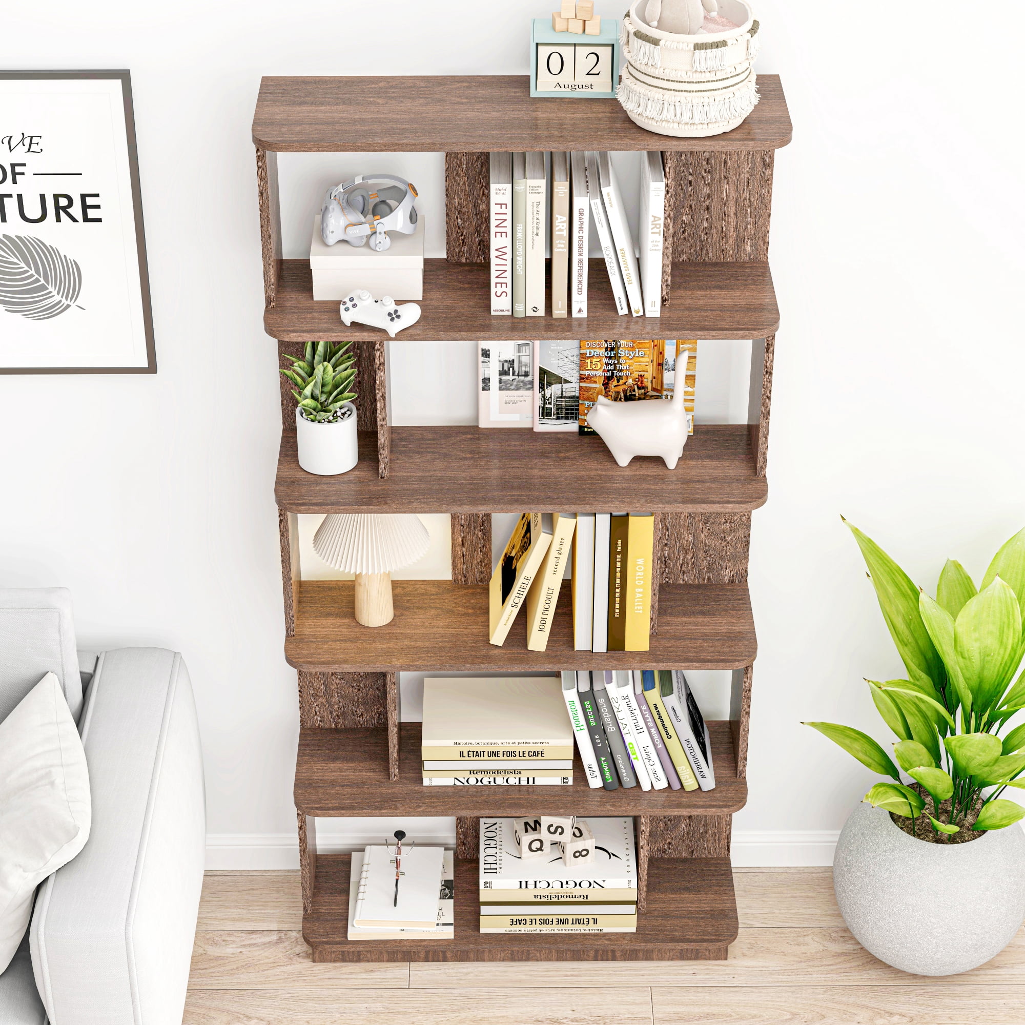 Leumius 5 Tier Open Storage Bookcase,Free Combination Bookshelf,Wood Display Shelving for Living Room Home Office Bedroom Decor Organizer,31.5" L x 64.56" H,Dark Brown