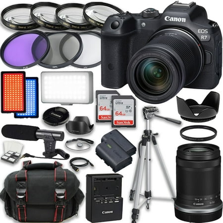Image of Canon EOS R7 Mirrorless Camera with Canon RF-S 18-150mm IS STM Lens + Accessories included: 2X 64GB Memory Cards LED Video Light Microphone Extra Battery Case & More