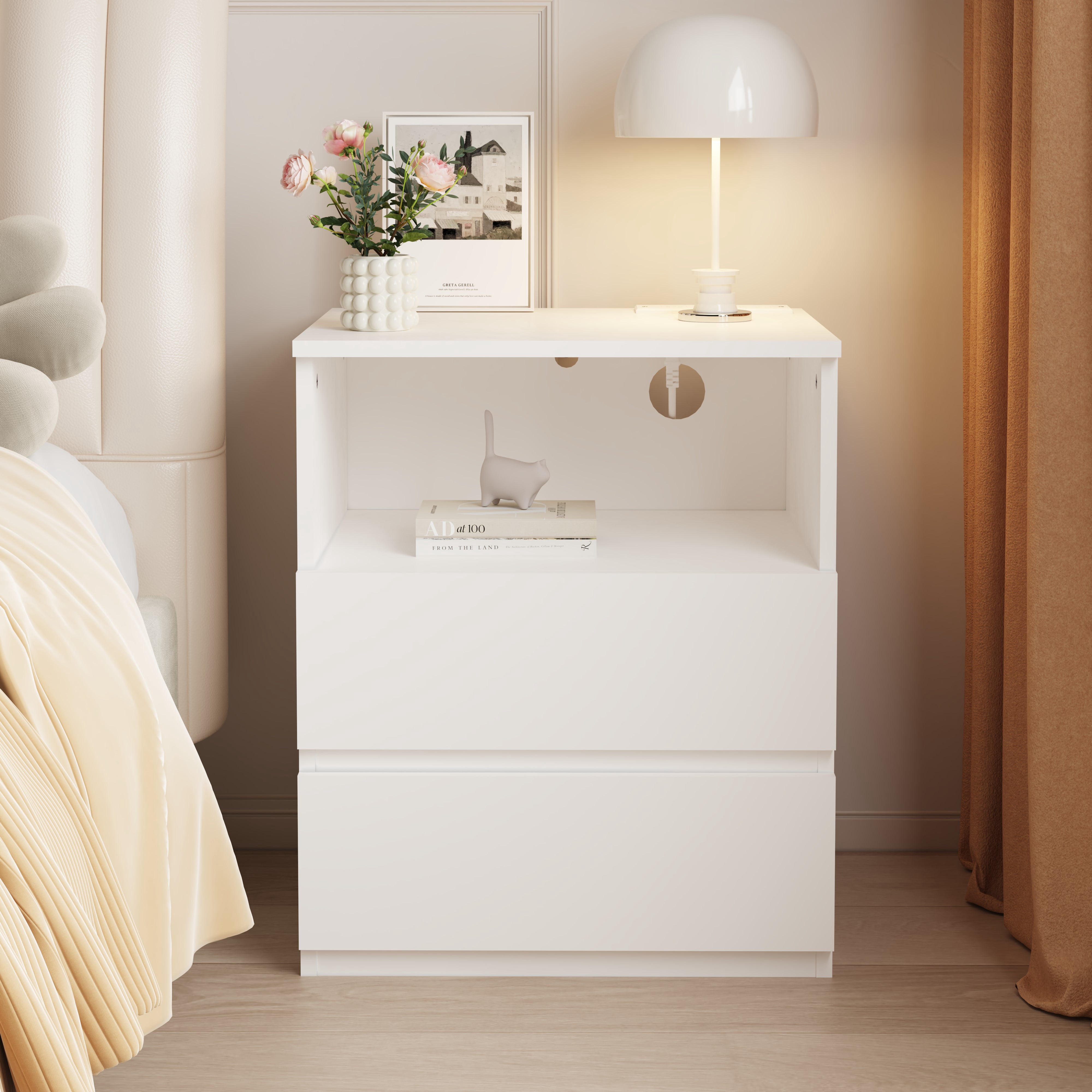 Mintazer Nightstand Set of 2, Bedside End Table with Charging Station, 2 Drawers & Open Storage Compartment, Particle Board Side Table for Bedroom Living Room, White