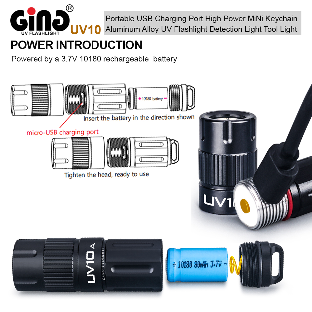GING UV FLASHLIGHT 395nm Flashlight LED High-Power USB Rechargeable Mini Keychain UV Torch for Glue,Lamp -Spot Scorpions, Pet Urine, Counterfeit Money, Resin…(UV10-395nm)