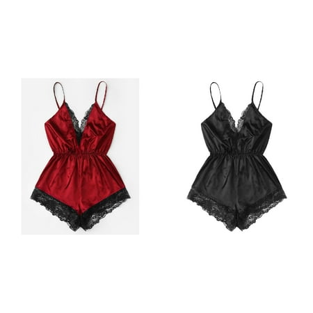 Lojoutye 2 Pack(Red 1PCS & Black 1PCS) Multipack Womens Plus Size Garter Belt Sleepwear Bodydoll Bodysuit Women for Woman Plus Size V-Neck Lace Splice