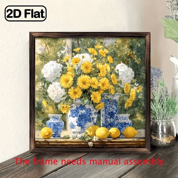 1pc Rustic Farmhouse Wooden Framed Wall Art Sign - Vibrant Yellow Flowers Lemons with Blue White Porcelain Vases, 8x8 Inch Reusable Wood Decor for Home, Cafe, Office, Garden - Perfect Holiday Gift