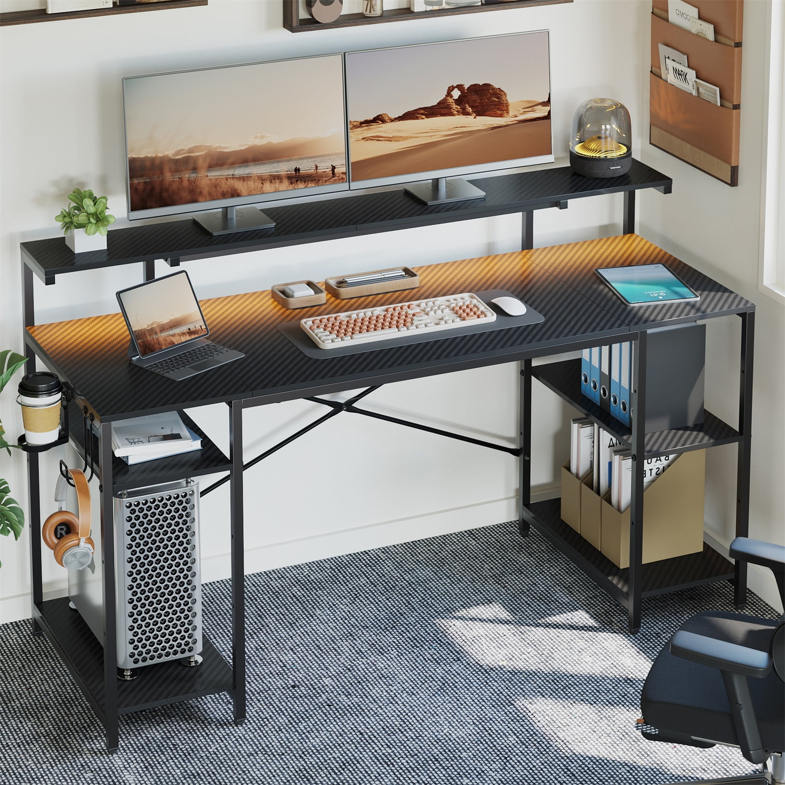 Bestier 55" Gaming Desk with LED Light  & Monitor Stand Computer Desk Corner Desk for Home Office, Black Carbon Fiber