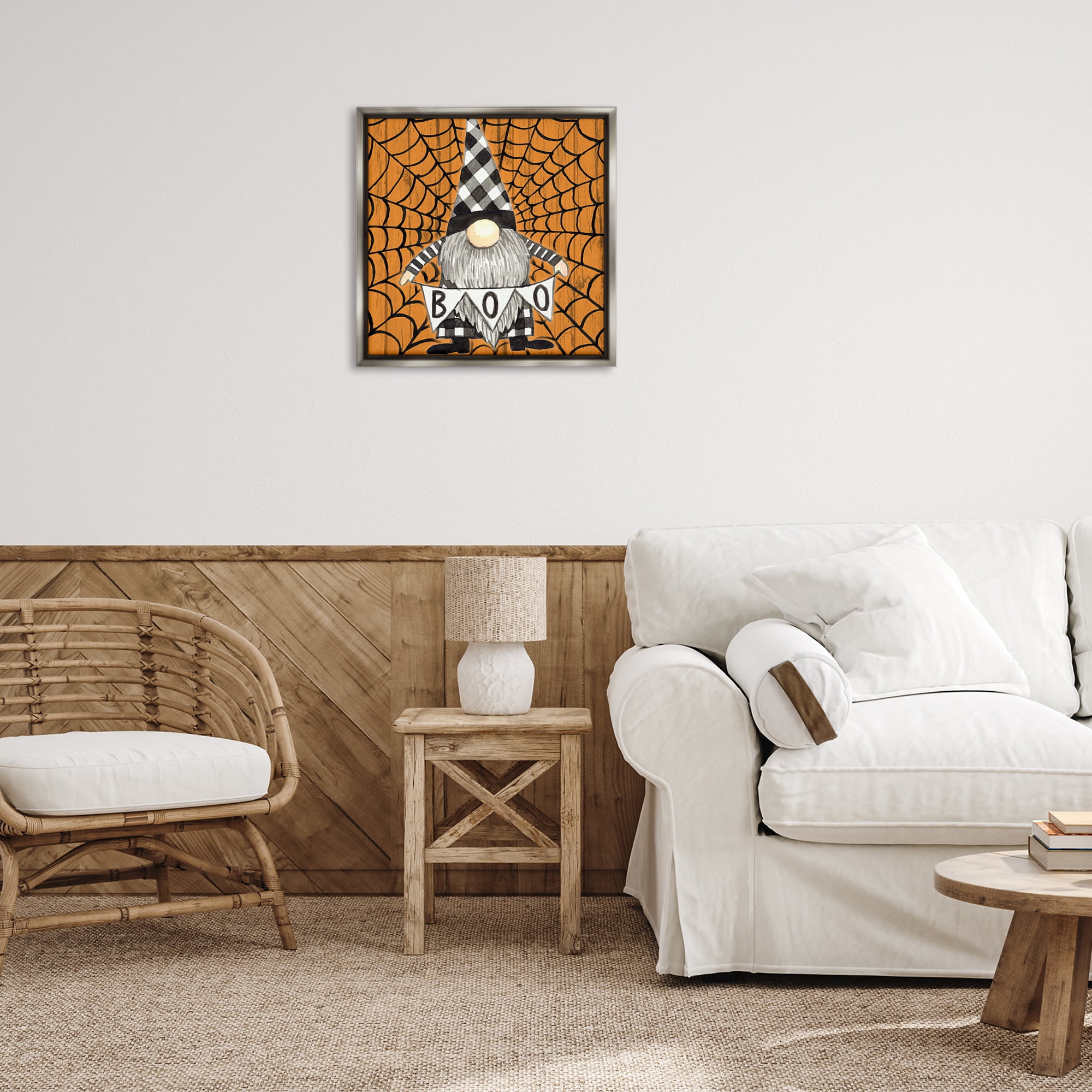 Stupell Industries Rustic Halloween Gnome Holiday Painting Gray Floater Framed Canvas Art Print Wall Art, 25 x 25