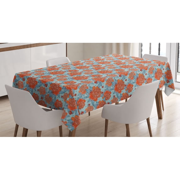 Meadow Tablecloth, Ladybugs Flying over Peony Blossoms Beetles Botanical Rural Fragrance, Rectangle Satin Table Cover for Dining Room and Kitchen, 60" X 84", Scarlet Pale Azure Blue, by Ambesonne