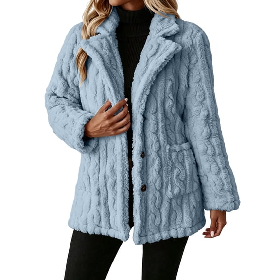 Enjoytime Fall Winter Fleece Jacket Women Notch Lapel Button Down Long Sleeve Coat Casual Warm Fuzzy Outerwear with Pocket
