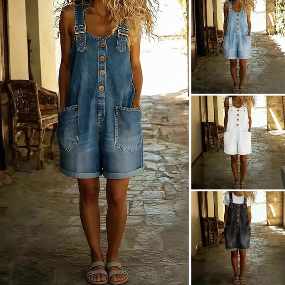 Joernso Denim Bib Overall Shorts for Women Button Front Wide Leg Loose Jean Shorts Jumpsuit Adjustable Straps Baggy Summer Rompers