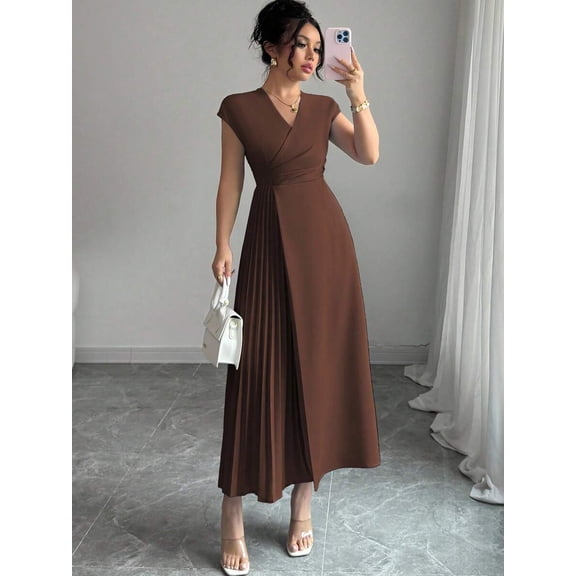 Coffee Brown Womens V-Neck Ruched Waist Pleated Maxi Dress With Drop Shoulder Sleeve