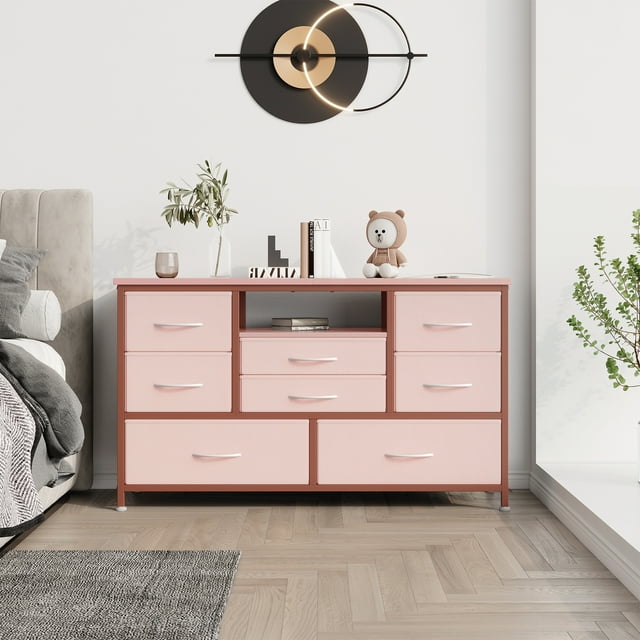 GloryStar 8 Drawer Media Console Table for 55” TV, Features Wood Top, Multiple Light Modes, and Integrated Power Outlets