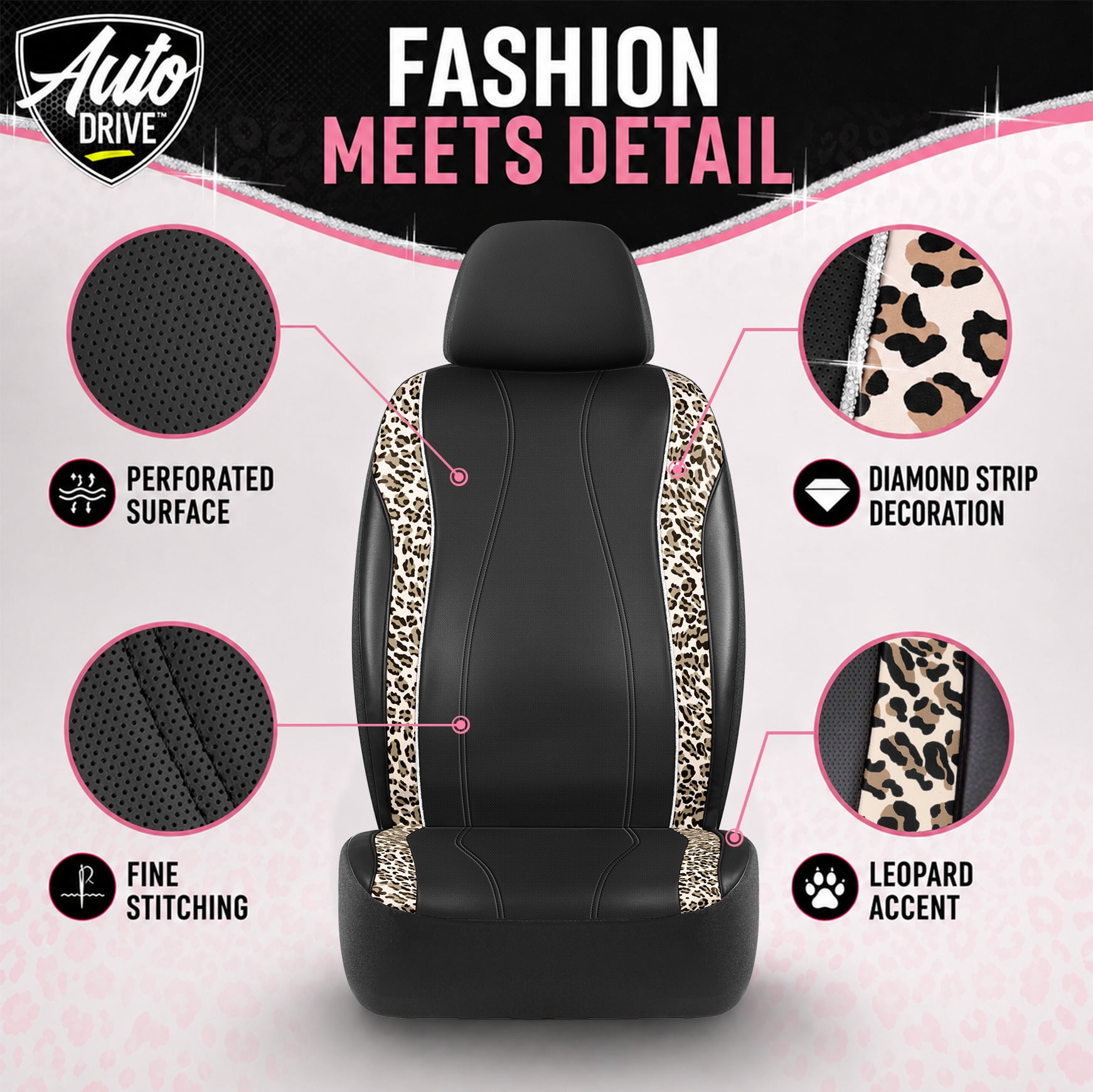 Auto Drive Car Seat Covers , Fashion Seat Covers,Leopard Print & Rhinestone Trim Front Seat Covers, Universal Fit, Airbag Compatible for Cars, SUVs and Trucks,Brown