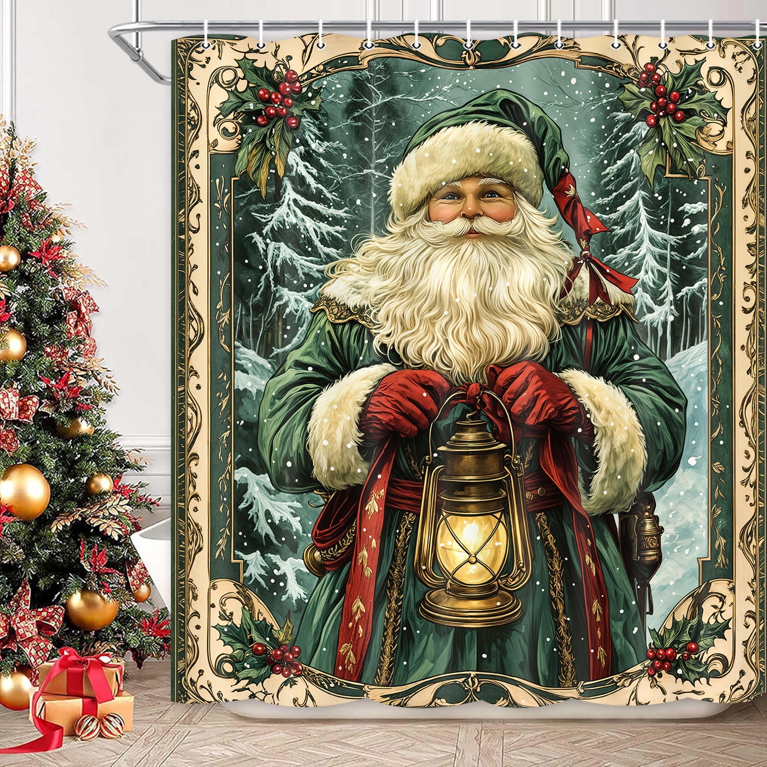 Vintage Christmas Shower Curtain, Funny Green Santa Claus Snow Forest Xmas Tree Pine Leaves Shower Curtain Set for Bathroom, Retro Victorian Santa Shower Curtains with Hooks, 72X72in