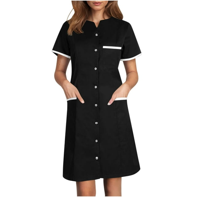 Vente Flash! Robe de Scrubs Bocqde pour Femmes Infirmières Uniforme de Travail Manches Courtes Boutonnée avec Poches