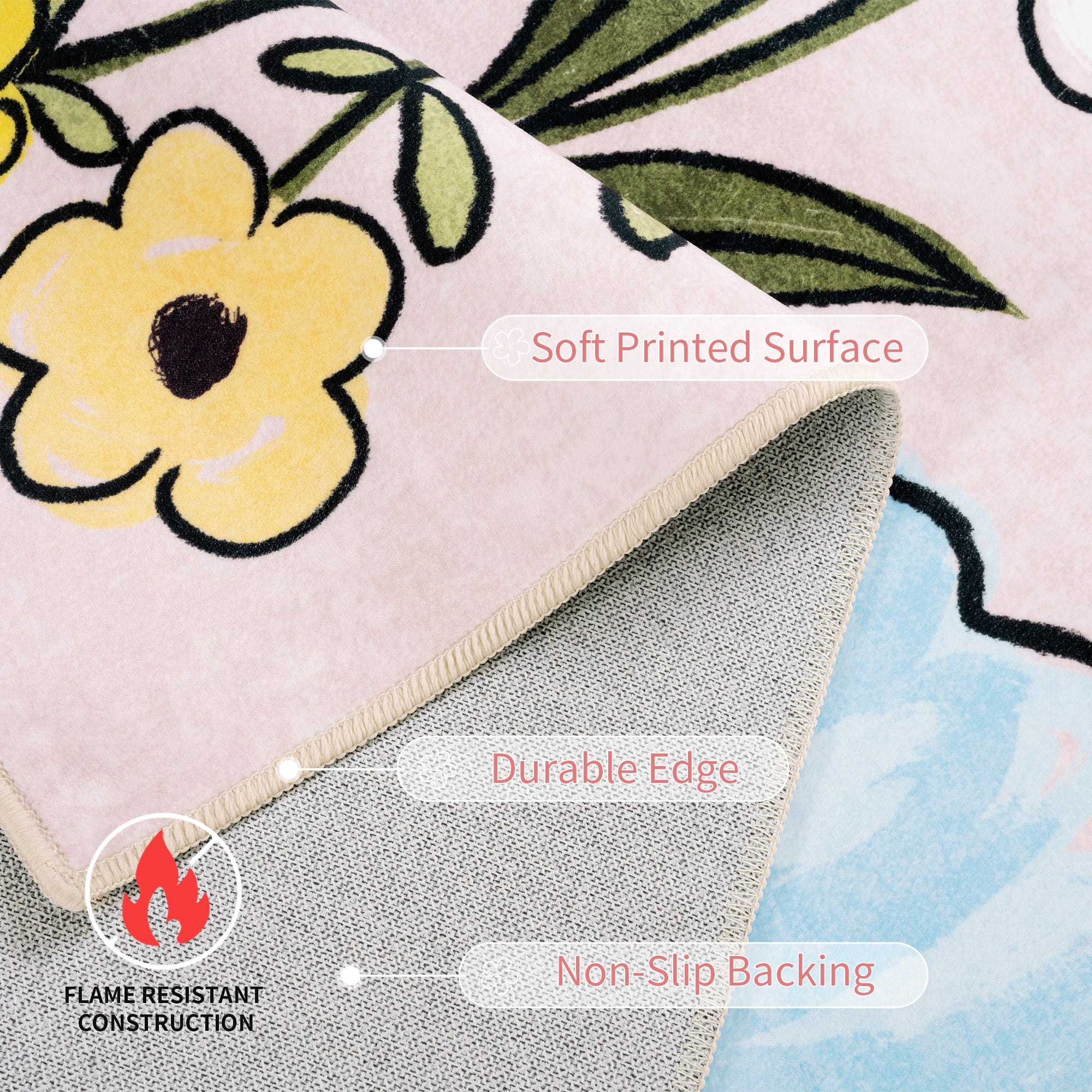 Wondo Washable Non-Slip 5x8 Floral Area Rug - Soft Pink Low Pile Floor Carpet with Botanical Big Flower Design for Girls Bedroom, Living Room, Dining Room, Kids Classroom Office