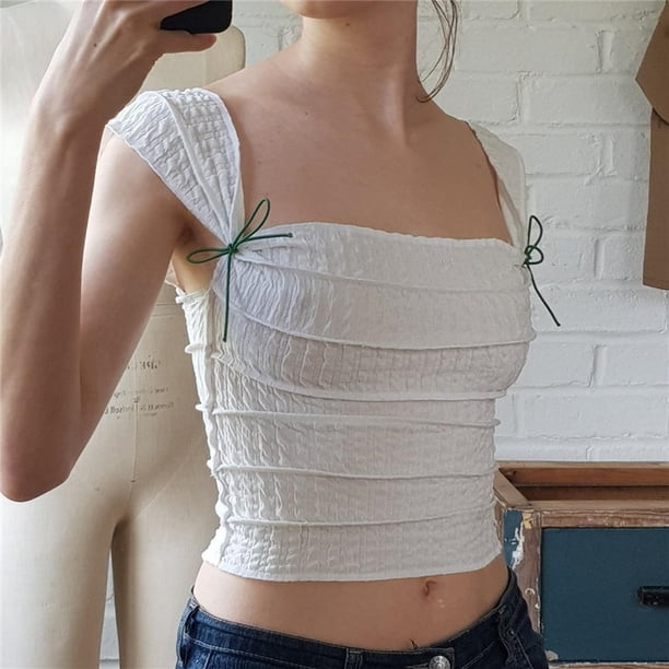 VISgogo, blusas informales sin mangas para mujer, chaleco plisado con ombligo descubierto y cuello cuadrado a la moda de Color sólido VISgogo moda