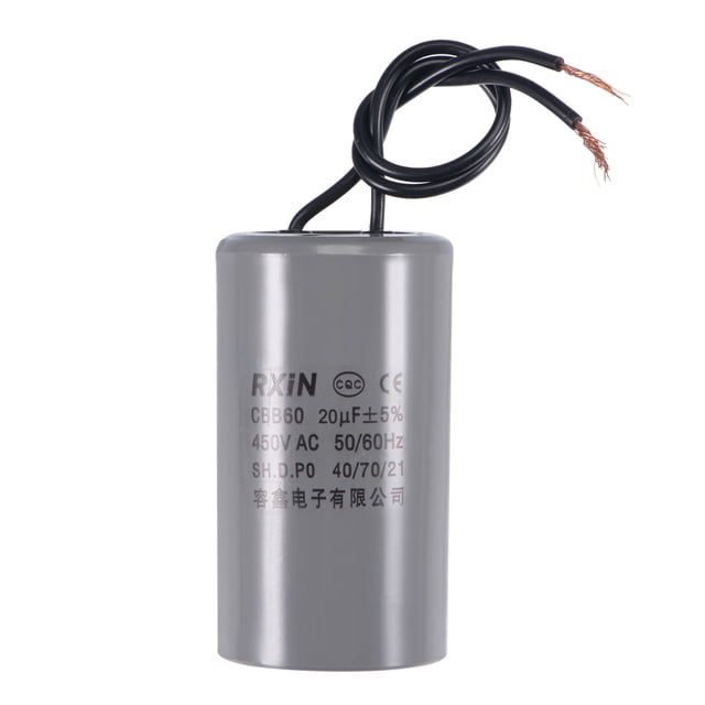 Capacitor de arranque cilíndrico CBB60 Uxcell 75x42mm 20uF 450V CA 50/60Hz 2 Cables