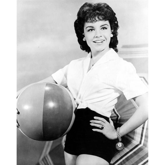 Annette Funicello hold beach ball wearing black shorts & white shirt 5x7 photo