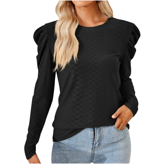 WREESH Womens Fashion Dressy Tops Solid Color Jacquards Round -Neck Long Sleeve Loose T-Shirt Pullover Black