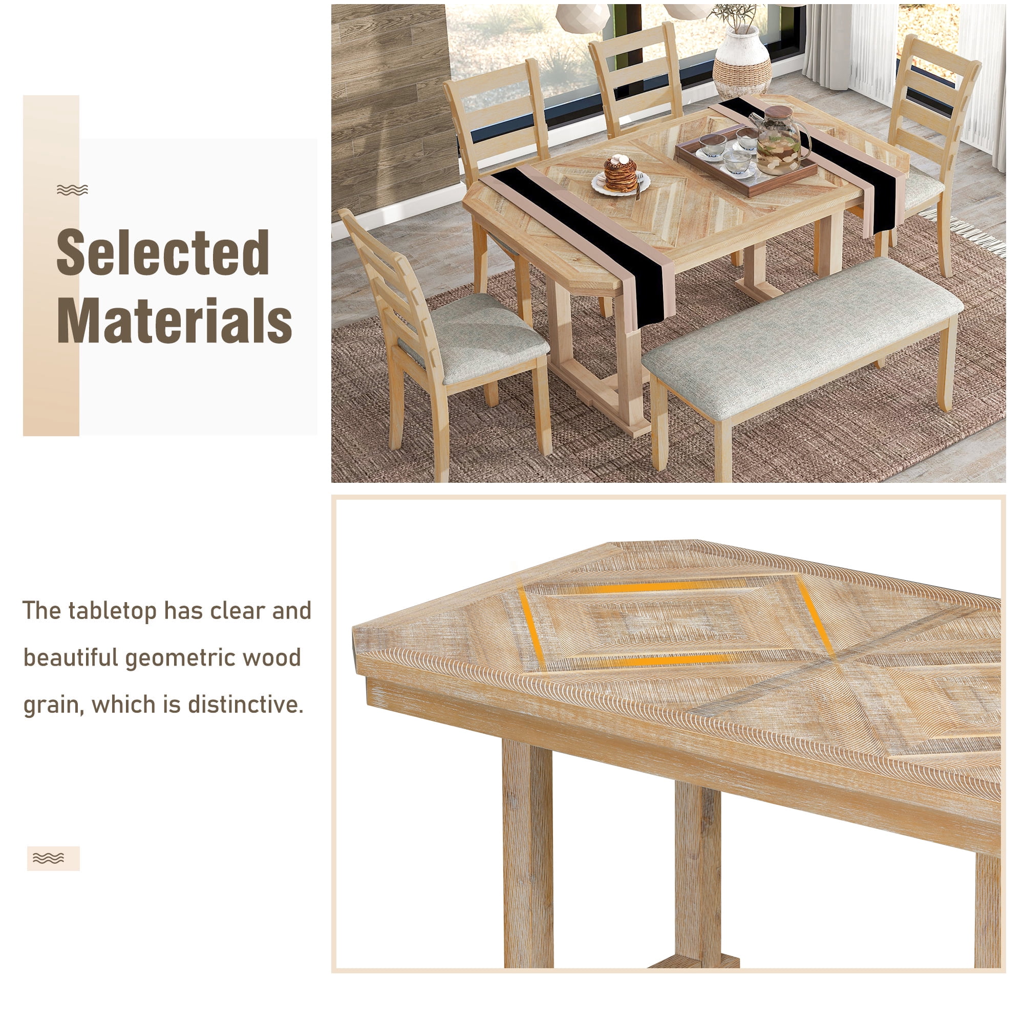 Euroco 6-Piece Rubber Wood Dining Table Set for 6, Farmhouse Kitchen Table Set with Beautiful Wood Grain Tabletop, 4 Upholstered Chairs & a Bench for Dining Room,Natural