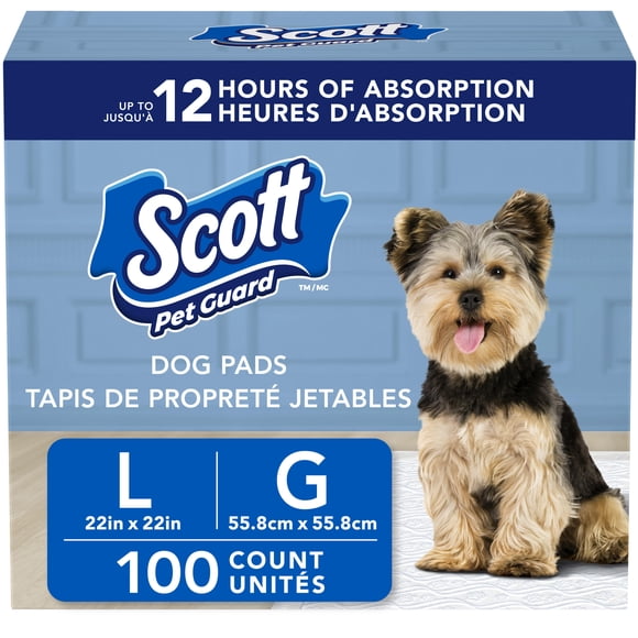 Scott Pet Guard Dog Pads - Dog Training Pee Pads for Puppies, Medium & Large Dogs - Up to 12 Hour Absorbent odour Control - Easily Disposable Dog Pee Pads - Size Large - 22" x 22" - 100 Pack