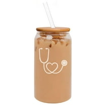 16oz Can Shaped Glass Iced Coffee Cup with Bamboo Lid and Straw Gift Heart Stethoscope NURSE DOCTOR