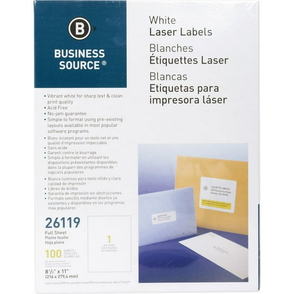 Business Source Bright White Premium-quality Full-sheet Address Labels - 8 1/2" x 11" Length - Permanent Adhesive - Rectangle - Laser, Inkjet - White | Bundle of 2 Packs