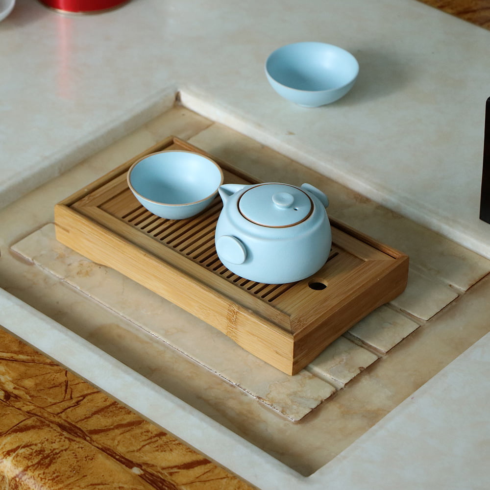 Solid Wood Tea Table Chinese GongFu Tea Serving Tray Drainage Water Storage for Home Office 