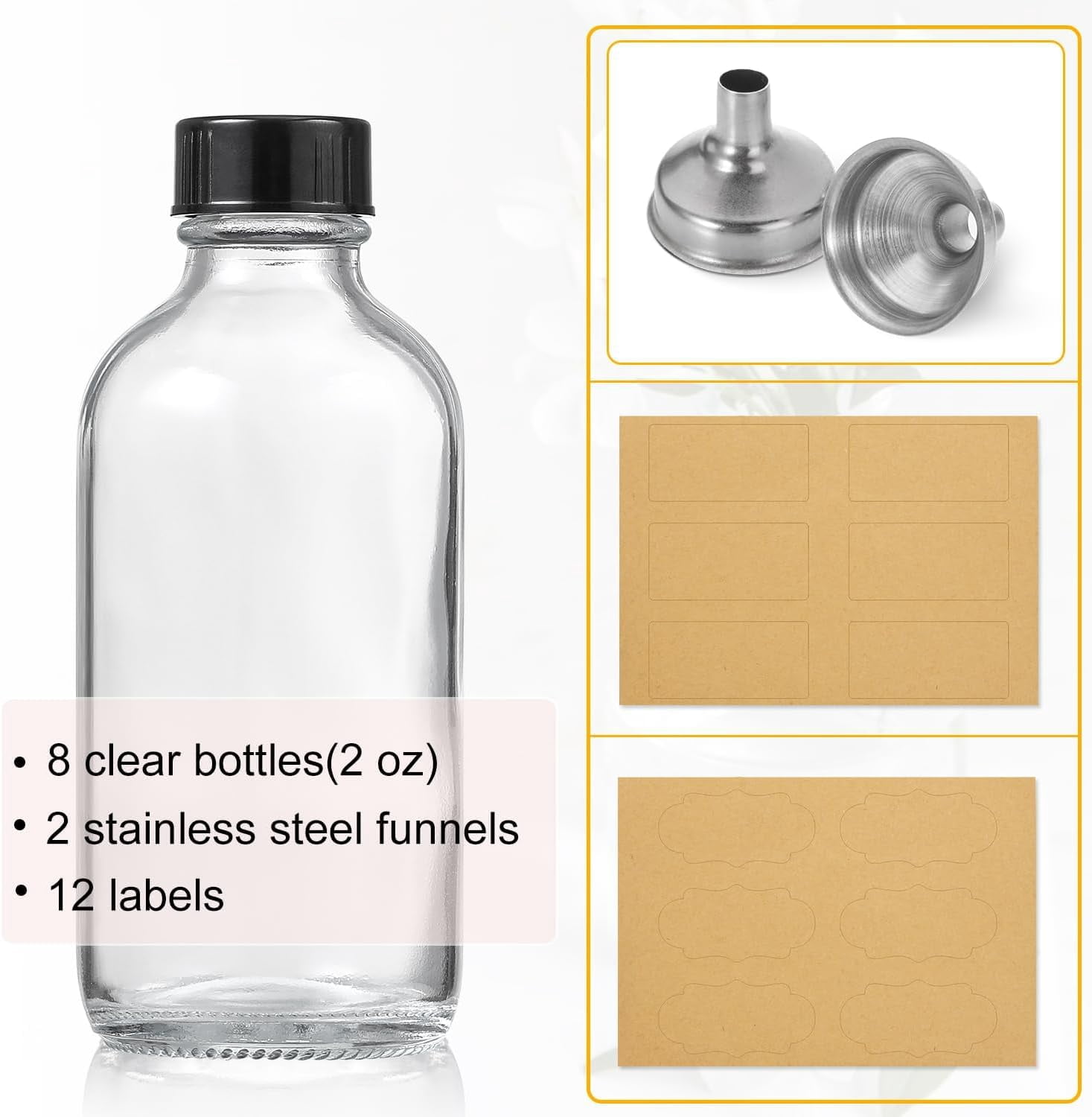 AP 8 Pack, 2 oz Small Clear Glass Bottles w/Lid & 2 Funnels - 60ml Boston Shot Bottles for Health, Immunity, Potion, Wellness, Sample, Ginger, Juice - Mini Personal Care & Beauty Travel Bottle