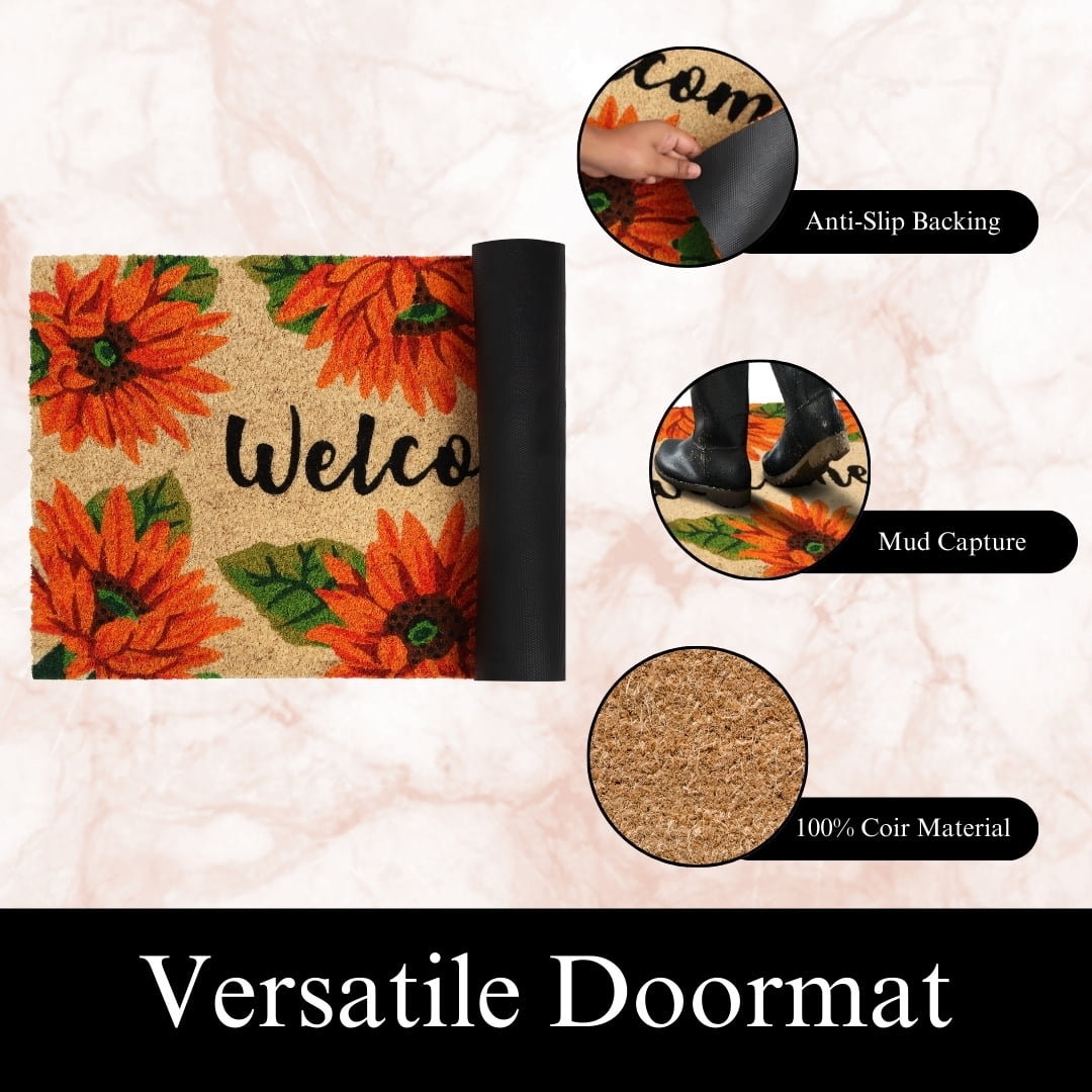 A1HC Natural Coco Coir Doormat, Orange Sunflower, 18"x30", Durable Outdoor Welcome Mat, Non-Slip, Easy to Clean, Pet Friendly