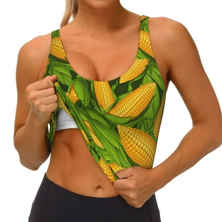 Qokaie Fresh Corn 1 Pattern Womens Scoop Neck Sports Bra Breathable Workout Vest Padded U Back Medium Impact Fitness Gym Yoga Bra Workout Crop Top