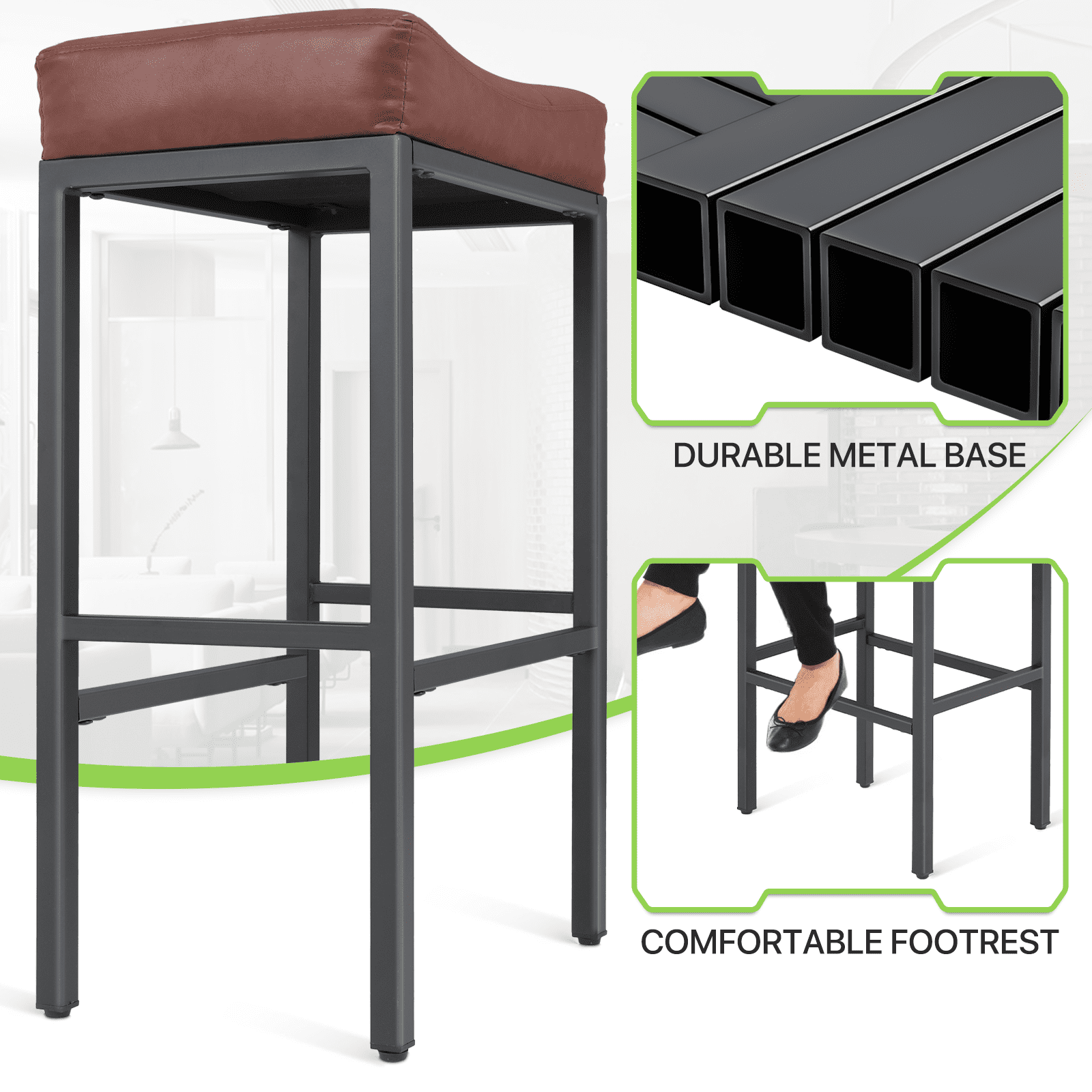 Magshion 31.5" Upholstered Counter Bar Stool Set of 2, Backless PU Leather Saddle Seat Barstools for Kitchen Island, Metal Frame, Gray