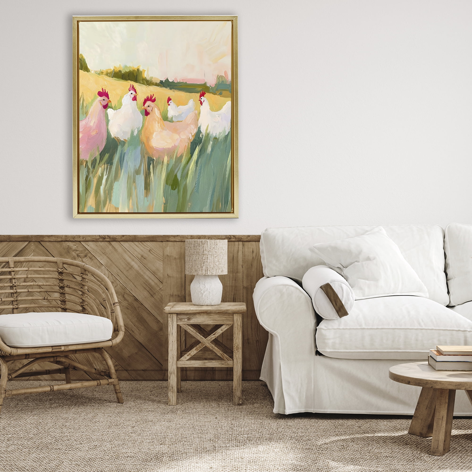 Stupell Industries Sunlit Flock of Chickens Gold Framed Floater Canvas Wall Art, design by The Prints Vibe