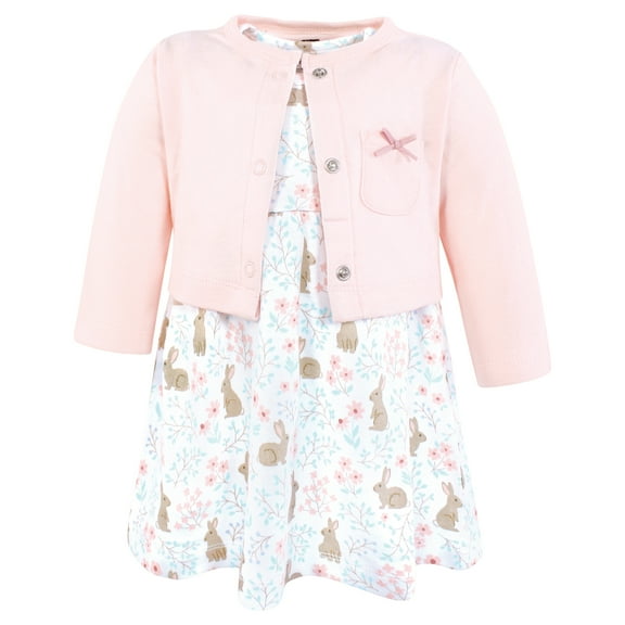Hudson Baby Infant and Toddler Girls Cotton Dress and Cardigan Set, Floral Bunnies, 0-3 Months