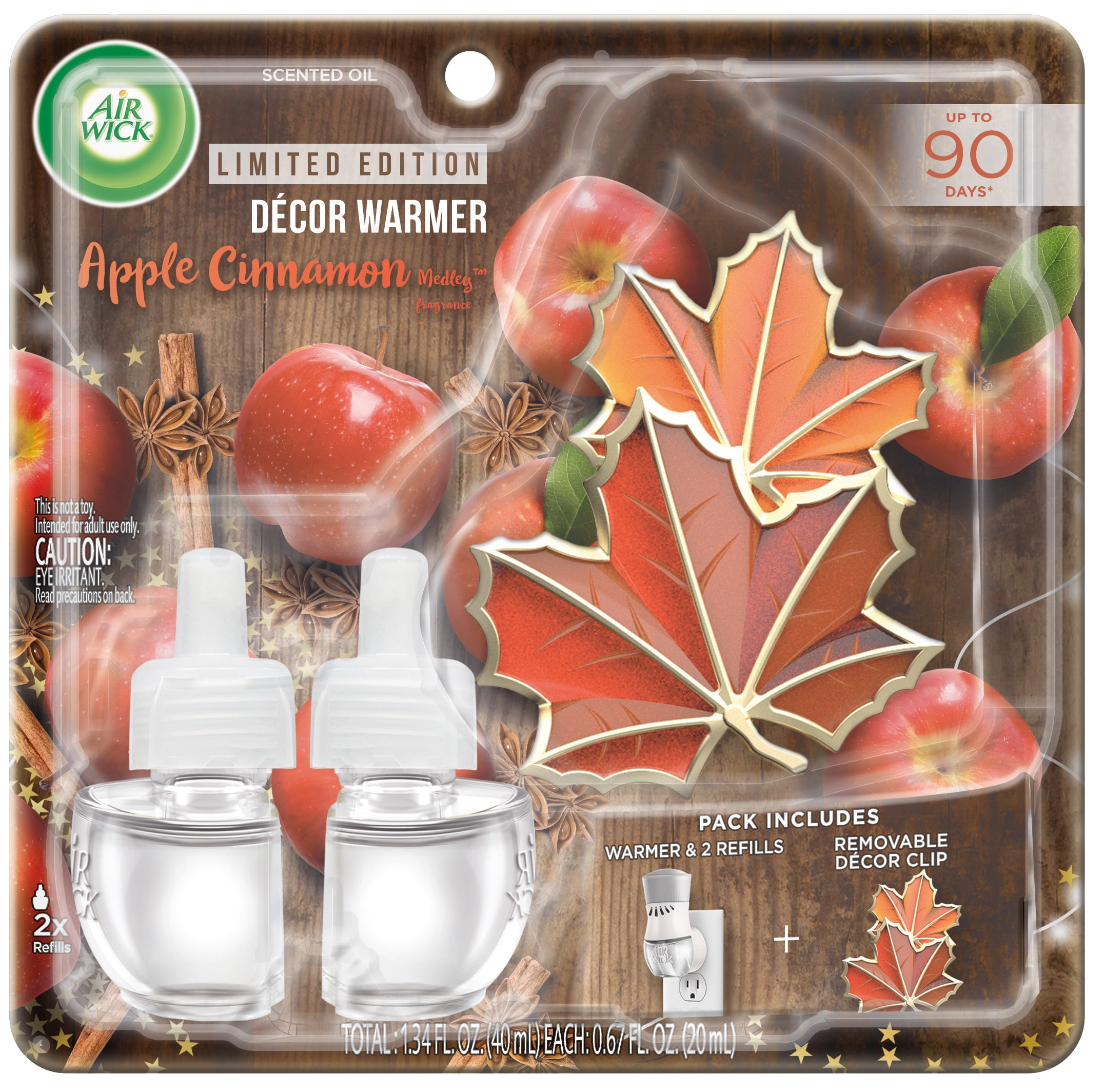 Air Wick plug in Scented Oil Starter Kit with Fall Leaves Décor Clip (Warmer + 2 refills), Apple