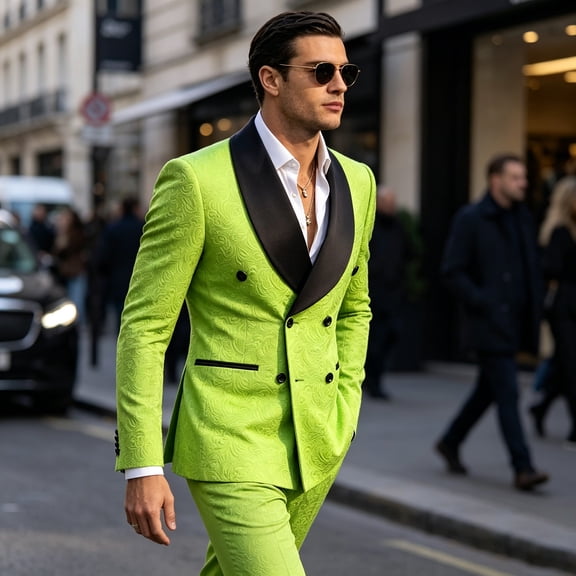 Men's 2-Piece Jacquard Tuxedo Suit - Slim Fit Blazer, Vest & Pants with Black Bow Tie for Wedding Prom Party