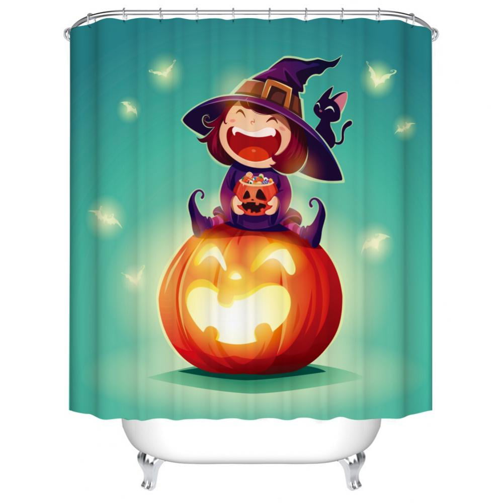 Halloween Theme Pumpkin Shower Curtain Set Waterproof Fabric Bathroom w/12 Hooks 