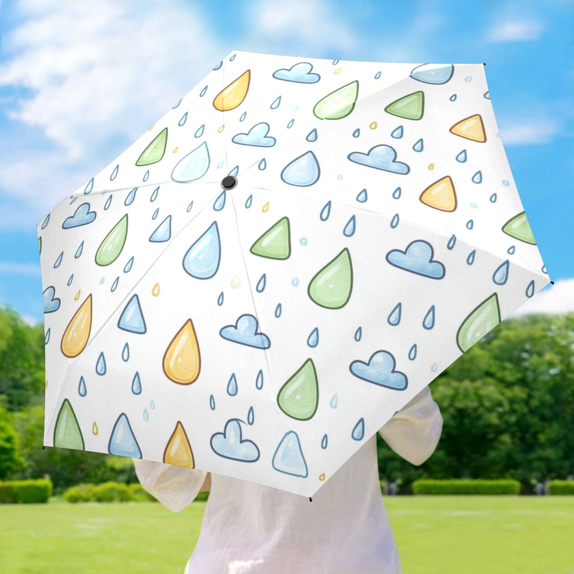 Rainy Day Pattern Umbrellas for Sun Auto Open Close UV50+ Waterproof 5-Fold Compact Fiberglass Frame