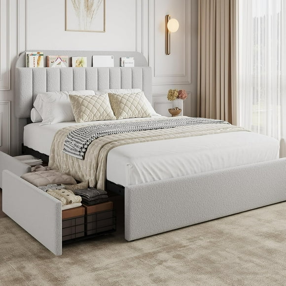 Queen Bed Frame with Storage Headboard, Girls Bed Frame with 2 Drawers, Boucle Upholstered Platform Bed with Bookcase, No Box Spring Needed, Easy Assembly, Grey