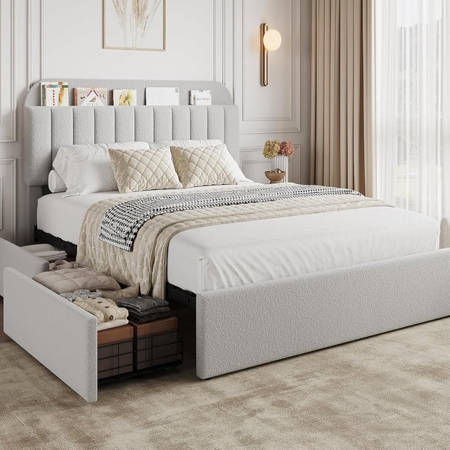 Queen Bed Frame with Storage Headboard, Girls Bed Frame with 2 Drawers, Boucle Upholstered Platform Bed with Bookcase, No Box Spring Needed, Easy Assembly, Grey