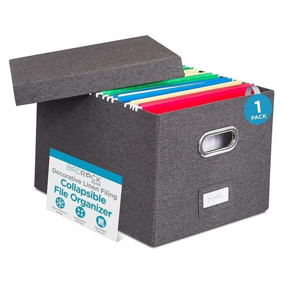Linen File Storage Box | Collapsible Document Organizer | Letter & Legal Size | Decorative Grey Filing Box with Lid