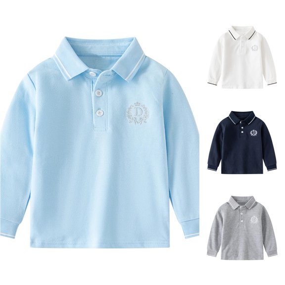 HCYSFG Boys Solid Color Polo Shirt Notch Neck Long Sleeve Three Button Placket Classic School Uniform Top Everyday Golf Tees