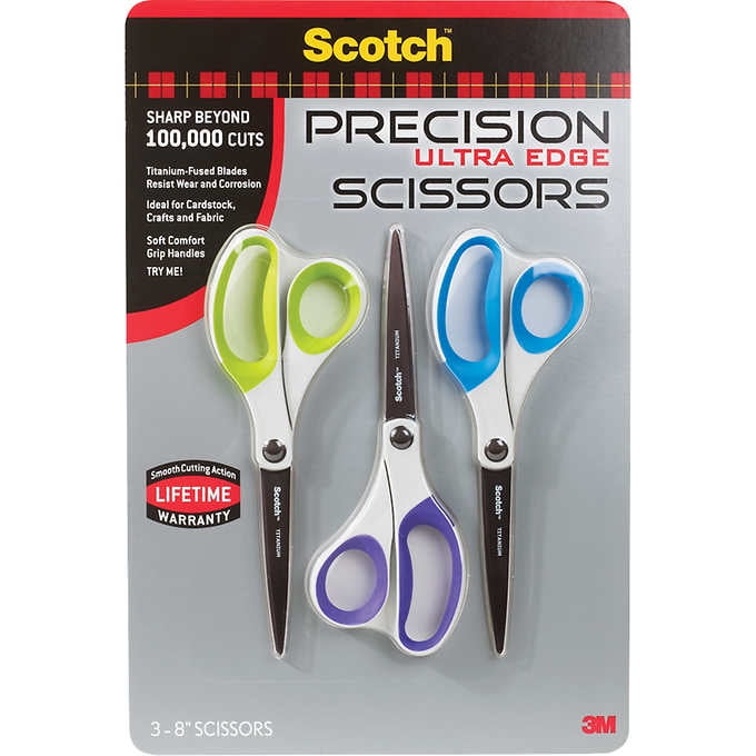 Scotch 8" Precision Ultra Edge Scissors, Assorted Colors, 3 ct