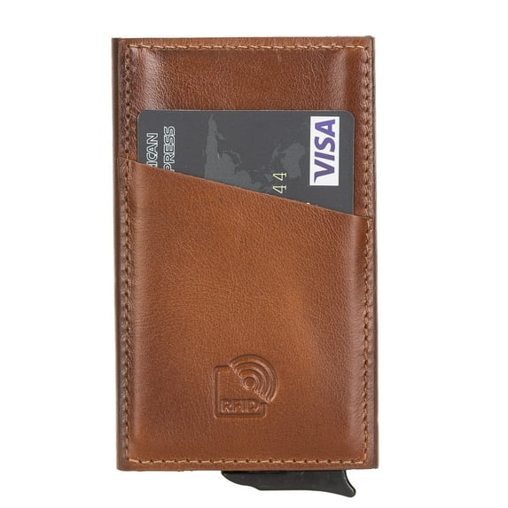 Full Grain Leather Mechanical Pop Up Card Holder With RFID