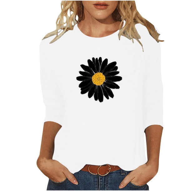 Camisetas Casuales de las Mujeres de Moda Impresa 3/4 Mangas Blusa Cuello Redondo para el Hogar Y Diario