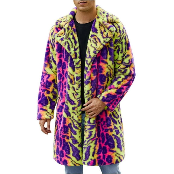 Dolkfu Mens Jackets Faux Fur Leopard Print Pink Trench Coat Isulated Mid Length Long Jacket Men's Winter Coats L