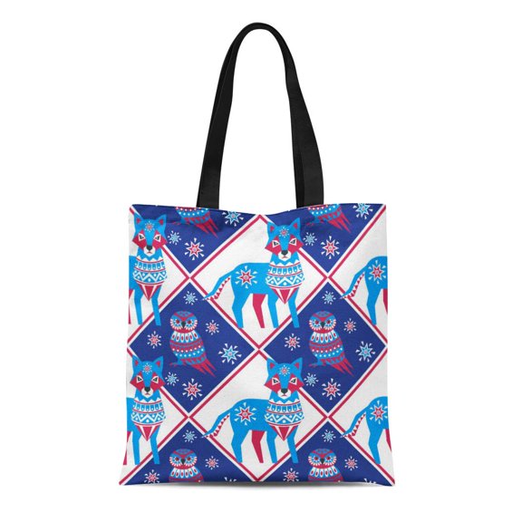 SIDONKU Canvas Tote Bag in Folk Wolf and Owl Colorful Arctic Bird Reusable Shoulder Grocery Shopping Bags Handbag