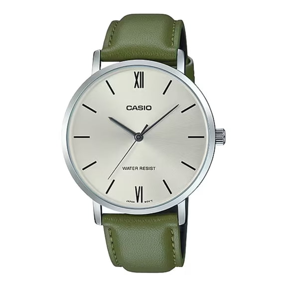 Casio Men’s Silver Dial Watch with Green Leather Strap - MTP-VT01L-3BUDF