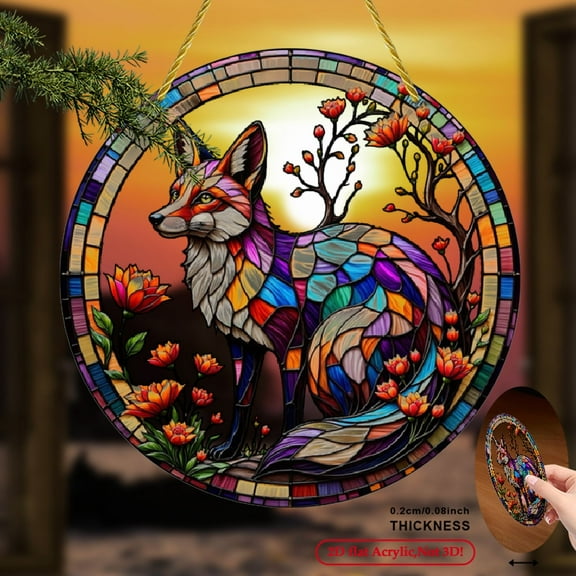 1pc 2D Flat Mystical Acrylic Suncatcher Serene Fox and Blooming Flowers Design, Vibrant Stained Art for Home & Office Decor,Round Hanging Ornament with Mosaic Patterns, 8*8inch
