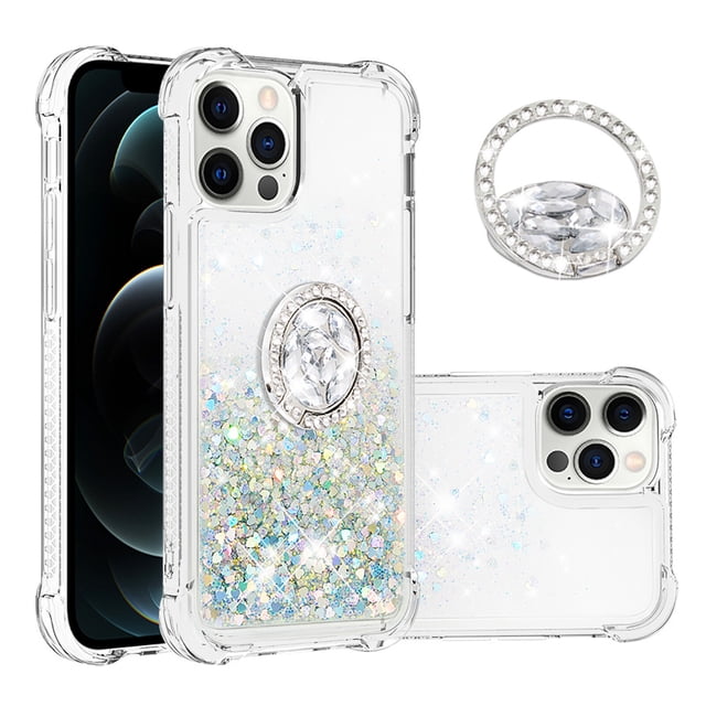 Funda para iPhone 12 Pro con Brillo Líquido Flotante, Purpurina, Parachoques y Anillo Giratorio Soporte
