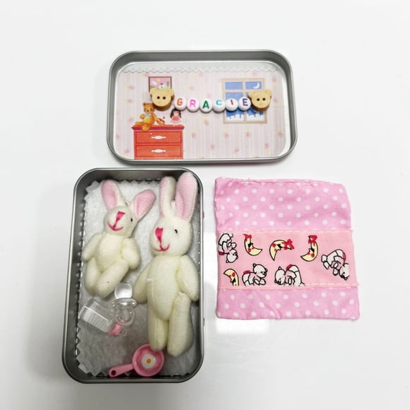 Cajas decorativas de conejito de bolsillo, relleno para cestas de Pascua, regalos de Pascua para niños, adopción de conejito mascota DIY, juguete de peluche de conejo en lata: cama miniatura S